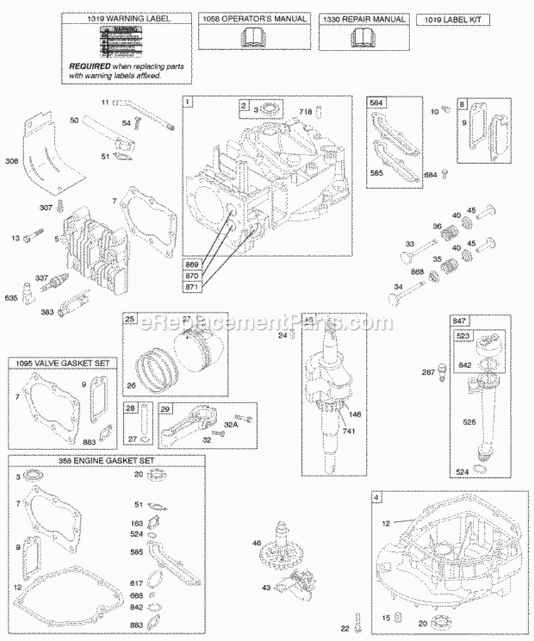 Cam Crankshaft Cylinder Engine Sump KitGaskets Lubrication Piston Group Valves Diagram and Parts List for 12Y802-0112-E1  Briggs and Stratton Engine